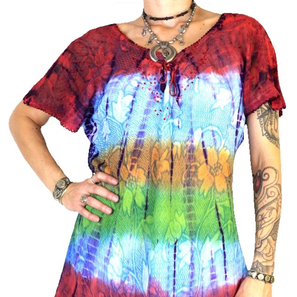 Evenlyn Red Blue Green Comfy tie dye Hippie Boho womens top
